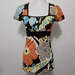 Vintage Moa Moa 90s Orange Multi Retro Floral Babydoll Blouse Size Medium